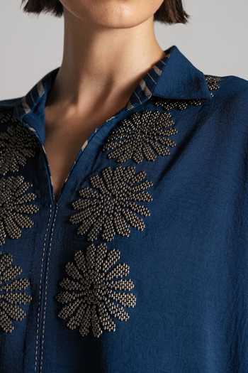 Buy Namrata Joshipura Blue Crepe Collared Neck Textured Embroidered Top And Pant Set Buy_Namrata Joshipura_Blue Crepe Collared Neck Textured Embroidered Top And Pant Set