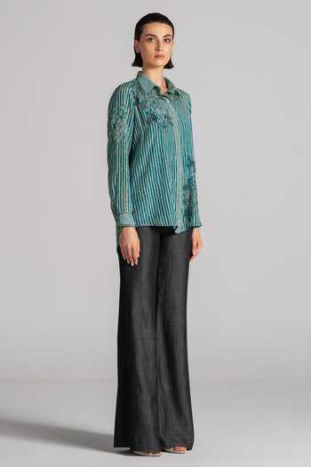 Buy_Namrata Joshipura_Blue Crepe Collared Neck Bandhani Pattern Shirt _Online_at_Aza_Fashions