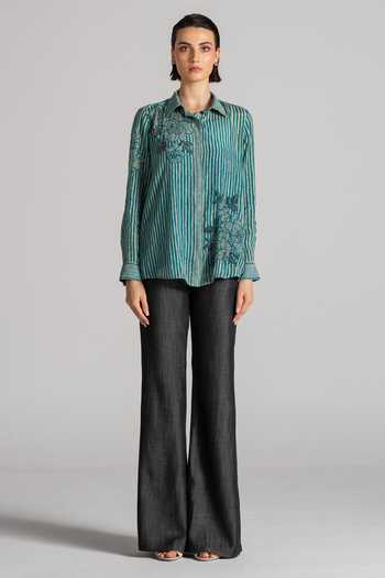 Shop_Namrata Joshipura_Blue Crepe Collared Neck Bandhani Pattern Shirt _Online_at_Aza_Fashions