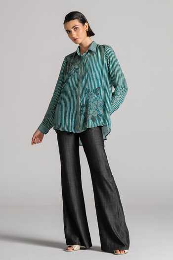 Namrata Joshipura_Blue Crepe Collared Neck Bandhani Pattern Shirt _at_Aza_Fashions