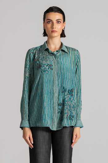 Buy_Namrata Joshipura_Blue Crepe Collared Neck Bandhani Pattern Shirt 