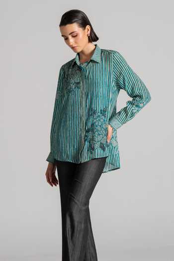 Shop_Namrata Joshipura_Blue Crepe Collared Neck Bandhani Pattern Shirt 