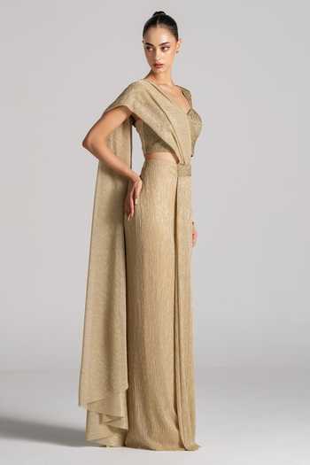 Namrata Joshipura Gold Sweetheart Neck Shimmer Pleated Pre-draped Saree And Blouse Set Online at Aza Fashions Namrata Joshipura_Gold Sweetheart Neck Shimmer Pleated Pre-draped Saree And Blouse Set _Online_at_Aza_Fashions