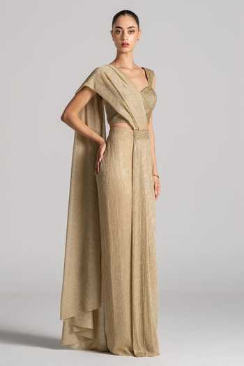 Buy Namrata Joshipura Gold Sweetheart Neck Shimmer Pleated Pre-draped Saree And Blouse Set Online at Aza Fashions Buy_Namrata Joshipura_Gold Sweetheart Neck Shimmer Pleated Pre-draped Saree And Blouse Set _Online_at_Aza_Fashions