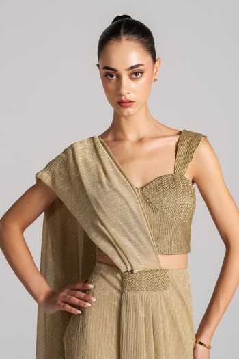 Shop Namrata Joshipura Gold Sweetheart Neck Shimmer Pleated Pre-draped Saree And Blouse Set Online at Aza Fashions Shop_Namrata Joshipura_Gold Sweetheart Neck Shimmer Pleated Pre-draped Saree And Blouse Set _Online_at_Aza_Fashions