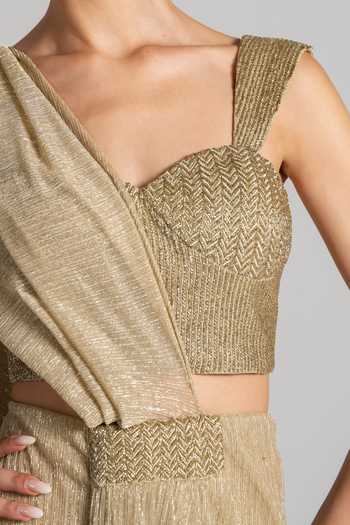 Namrata Joshipura Gold Sweetheart Neck Shimmer Pleated Pre-draped Saree And Blouse Set at Aza Fashions Namrata Joshipura_Gold Sweetheart Neck Shimmer Pleated Pre-draped Saree And Blouse Set _at_Aza_Fashions