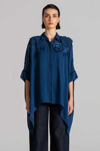 Namrata Joshipura_Blue Georgette Collared Neck Handkerchief Hem Tunic _Online_at_Aza_Fashions