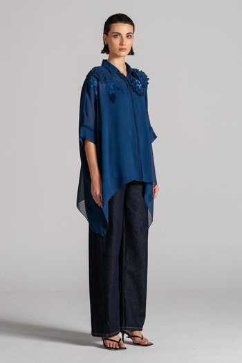 Buy_Namrata Joshipura_Blue Georgette Collared Neck Handkerchief Hem Tunic _Online_at_Aza_Fashions
