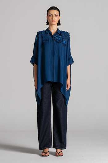 Shop_Namrata Joshipura_Blue Georgette Collared Neck Handkerchief Hem Tunic _Online_at_Aza_Fashions