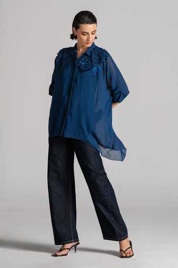 Namrata Joshipura_Blue Georgette Collared Neck Handkerchief Hem Tunic _at_Aza_Fashions