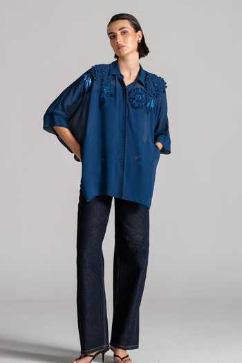 Buy_Namrata Joshipura_Blue Georgette Collared Neck Handkerchief Hem Tunic 