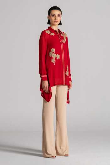 Namrata Joshipura Red Georgette Collared Neck Moon Petal Embroidered Asymmetric Tunic Online at Aza Fashions Namrata Joshipura_Red Georgette Collared Neck Moon Petal Embroidered Asymmetric Tunic _Online_at_Aza_Fashions