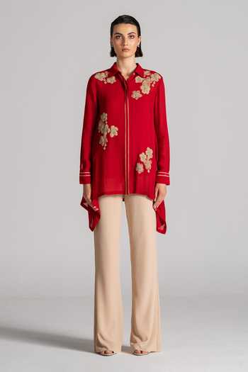 Buy Namrata Joshipura Red Georgette Collared Neck Moon Petal Embroidered Asymmetric Tunic Online at Aza Fashions Buy_Namrata Joshipura_Red Georgette Collared Neck Moon Petal Embroidered Asymmetric Tunic _Online_at_Aza_Fashions