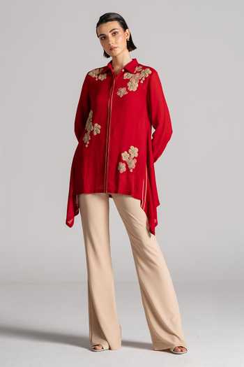 Shop Namrata Joshipura Red Georgette Collared Neck Moon Petal Embroidered Asymmetric Tunic Online at Aza Fashions Shop_Namrata Joshipura_Red Georgette Collared Neck Moon Petal Embroidered Asymmetric Tunic _Online_at_Aza_Fashions