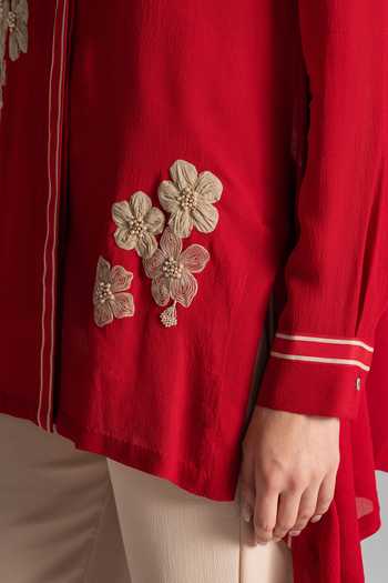 Namrata Joshipura Red Georgette Collared Neck Moon Petal Embroidered Asymmetric Tunic at Aza Fashions Namrata Joshipura_Red Georgette Collared Neck Moon Petal Embroidered Asymmetric Tunic _at_Aza_Fashions