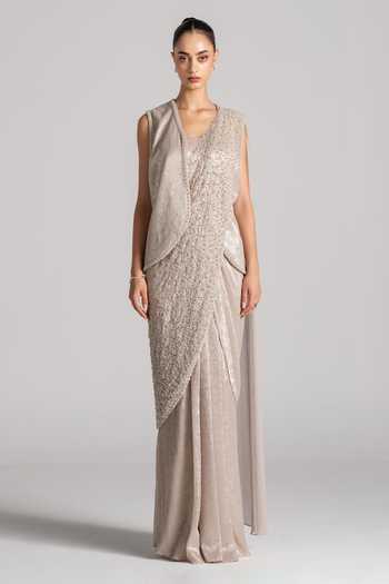 Buy Namrata Joshipura Ivory Open Neck, Shimmer Pleated Saree Set With Jacket Online at Aza Fashions Buy_Namrata Joshipura_Ivory Open Neck, Shimmer Pleated Saree Set With Jacket _Online_at_Aza_Fashions