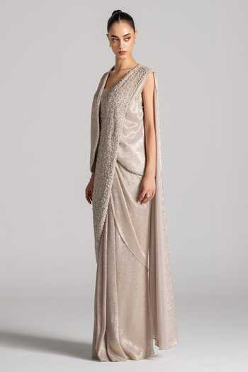 Shop Namrata Joshipura Ivory Open Neck, Shimmer Pleated Saree Set With Jacket Online at Aza Fashions Shop_Namrata Joshipura_Ivory Open Neck, Shimmer Pleated Saree Set With Jacket _Online_at_Aza_Fashions