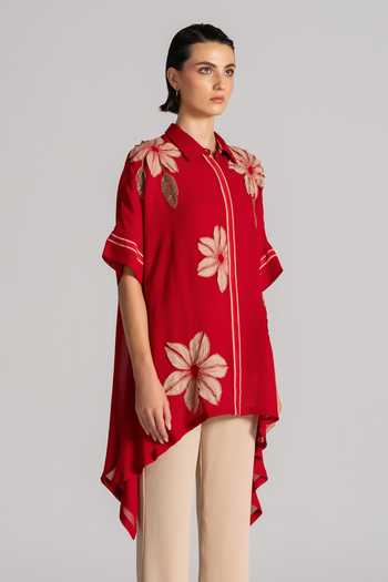 Namrata Joshipura_Red Georgette Collared Neck Asymmetrical Tunic _Online_at_Aza_Fashions