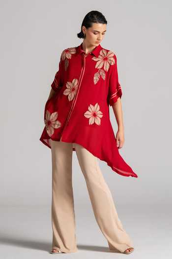 Buy_Namrata Joshipura_Red Georgette Collared Neck Asymmetrical Tunic _Online_at_Aza_Fashions