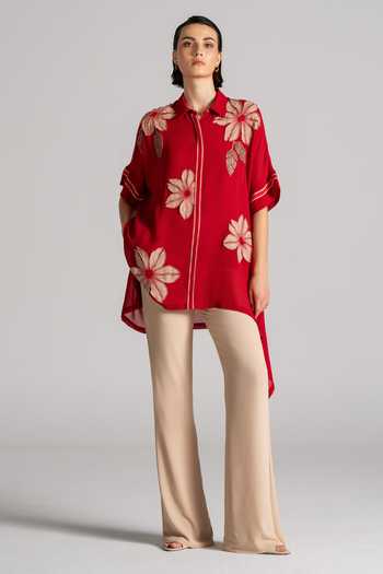 Shop_Namrata Joshipura_Red Georgette Collared Neck Asymmetrical Tunic _Online_at_Aza_Fashions