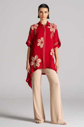 Namrata Joshipura_Red Georgette Collared Neck Asymmetrical Tunic _at_Aza_Fashions