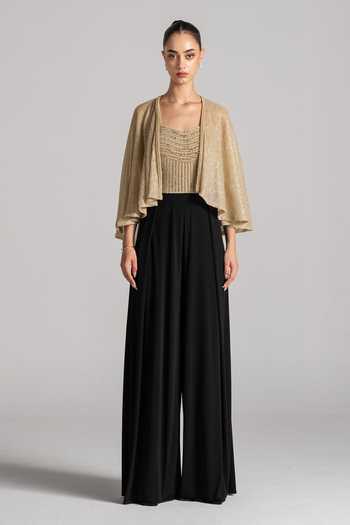 Namrata Joshipura Gold Square Neck Crystal Wave Shimmer Pleated Jumpsuit With Cape Online at Aza Fashions Namrata Joshipura_Gold Square Neck Crystal Wave Shimmer Pleated Jumpsuit With Cape _Online_at_Aza_Fashions