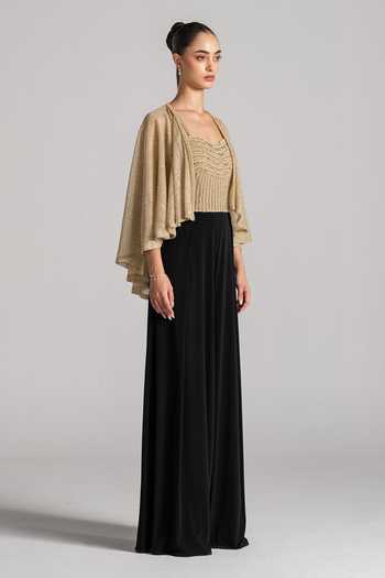Shop Namrata Joshipura Gold Square Neck Crystal Wave Shimmer Pleated Jumpsuit With Cape Online at Aza Fashions Shop_Namrata Joshipura_Gold Square Neck Crystal Wave Shimmer Pleated Jumpsuit With Cape _Online_at_Aza_Fashions