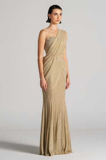 Namrata Joshipura Gold Bandeau Neck Shimmer Pleated Pre-draped Saree Set Online at Aza Fashions Namrata Joshipura_Gold Bandeau Neck Shimmer Pleated Pre-draped Saree Set _Online_at_Aza_Fashions