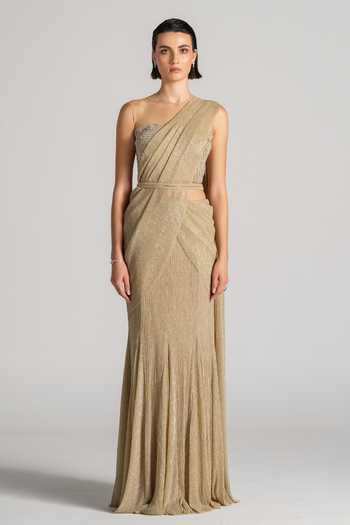 Buy Namrata Joshipura Gold Bandeau Neck Shimmer Pleated Pre-draped Saree Set Online at Aza Fashions Buy_Namrata Joshipura_Gold Bandeau Neck Shimmer Pleated Pre-draped Saree Set _Online_at_Aza_Fashions