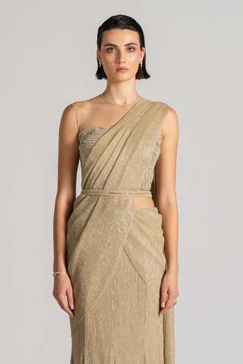 Shop Namrata Joshipura Gold Bandeau Neck Shimmer Pleated Pre-draped Saree Set Online at Aza Fashions Shop_Namrata Joshipura_Gold Bandeau Neck Shimmer Pleated Pre-draped Saree Set _Online_at_Aza_Fashions