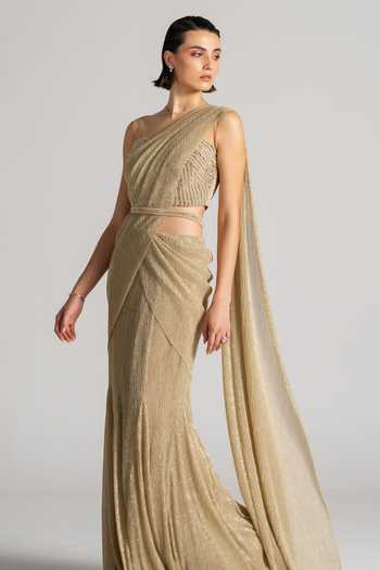 Namrata Joshipura Gold Bandeau Neck Shimmer Pleated Pre-draped Saree Set at Aza Fashions Namrata Joshipura_Gold Bandeau Neck Shimmer Pleated Pre-draped Saree Set _at_Aza_Fashions
