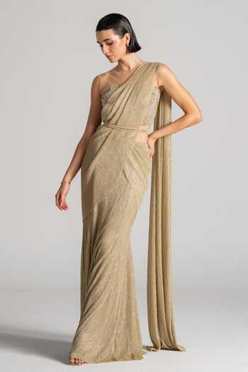 Buy Namrata Joshipura Gold Bandeau Neck Shimmer Pleated Pre-draped Saree Set Buy_Namrata Joshipura_Gold Bandeau Neck Shimmer Pleated Pre-draped Saree Set