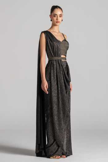 Namrata Joshipura Black Sweetheart Neck Shimmer Pleated Saree Set With Belt Online at Aza Fashions Namrata Joshipura_Black Sweetheart Neck Shimmer Pleated Saree Set With Belt _Online_at_Aza_Fashions