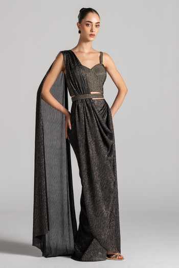 Namrata Joshipura Shimmer Pleated Saree Set With Belt 