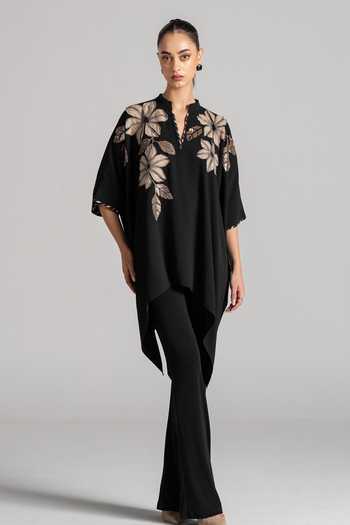 Namrata Joshipura Black Crepe Split V-neck Floral Embroidered Tunic Online at Aza Fashions Namrata Joshipura_Black Crepe Split V-neck Floral Embroidered Tunic _Online_at_Aza_Fashions