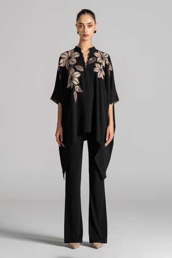 Buy Namrata Joshipura Black Crepe Split V-neck Floral Embroidered Tunic Online at Aza Fashions Buy_Namrata Joshipura_Black Crepe Split V-neck Floral Embroidered Tunic _Online_at_Aza_Fashions