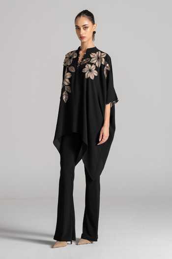 Shop Namrata Joshipura Black Crepe Split V-neck Floral Embroidered Tunic Online at Aza Fashions Shop_Namrata Joshipura_Black Crepe Split V-neck Floral Embroidered Tunic _Online_at_Aza_Fashions
