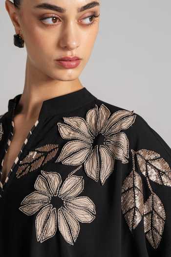 Namrata Joshipura Black Crepe Split V-neck Floral Embroidered Tunic at Aza Fashions Namrata Joshipura_Black Crepe Split V-neck Floral Embroidered Tunic _at_Aza_Fashions