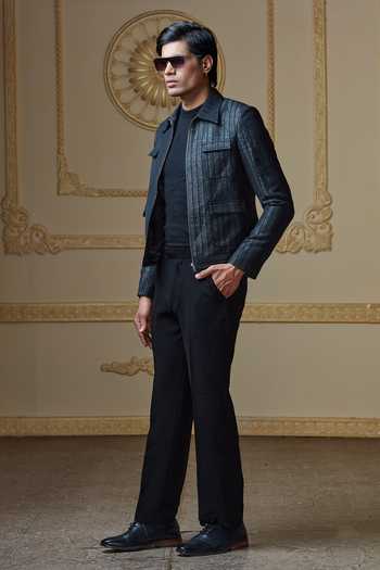 Sven Suits Grey Polyester Striped Pattern Bomber Jacket And Pant Set Online at Aza Fashions Sven Suits_Grey Polyester Striped Pattern Bomber Jacket And Pant Set _Online_at_Aza_Fashions
