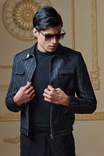 Shop Sven Suits Grey Polyester Striped Pattern Bomber Jacket And Pant Set Online at Aza Fashions Shop_Sven Suits_Grey Polyester Striped Pattern Bomber Jacket And Pant Set _Online_at_Aza_Fashions