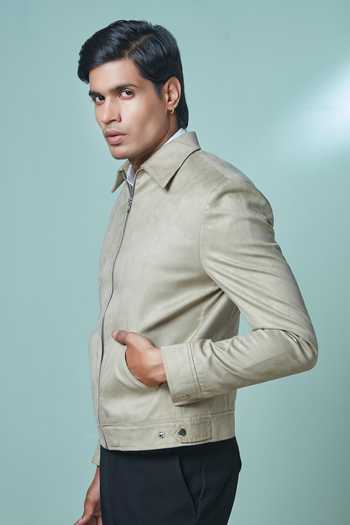 Shop Sven Suits Beige Suede Bomber Jacket And Pant Set Online at Aza Fashions Shop_Sven Suits_Beige Suede Bomber Jacket And Pant Set _Online_at_Aza_Fashions