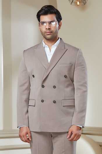 Shop Sven Suits Beige Polyester Double-breasted Suit And Pant Set Online at Aza Fashions Shop_Sven Suits_Beige Polyester Double-breasted Suit And Pant Set _Online_at_Aza_Fashions