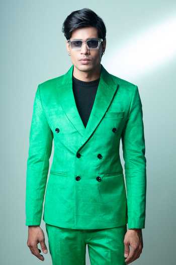 Shop Sven Suits Green Corduroy Double-breasted Suit And Pant Set Online at Aza Fashions Shop_Sven Suits_Green Corduroy Double-breasted Suit And Pant Set _Online_at_Aza_Fashions
