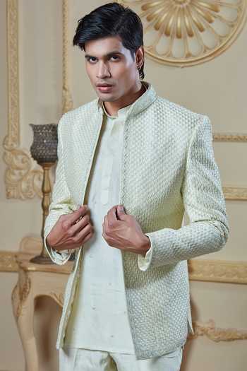 Shop Sven Suits Ivory Silk Embroidered Jacket And Kurta Set Online at Aza Fashions Shop_Sven Suits_Ivory Silk Embroidered Jacket And Kurta Set _Online_at_Aza_Fashions
