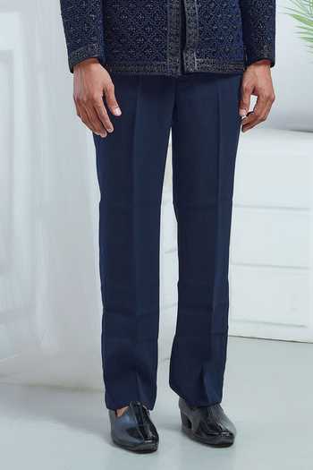 Sven Suits_Blue Velvet Embroidery Bandhgala Set _Online_at_Aza_Fashions