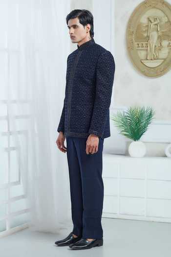 Buy_Sven Suits_Blue Velvet Embroidery Bandhgala Set _Online_at_Aza_Fashions