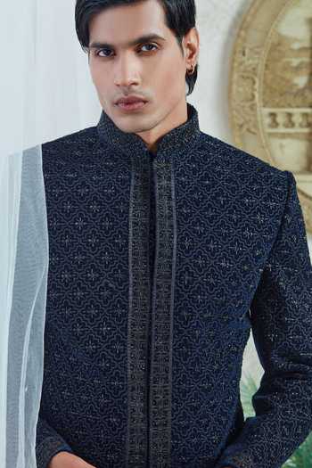 Shop_Sven Suits_Blue Velvet Embroidery Bandhgala Set _Online_at_Aza_Fashions