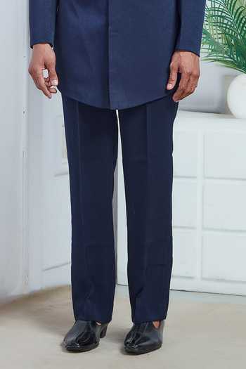 Sven Suits_Blue Polyester Jacquard Embroidered Sherwani Jacket And Pant Set _Online_at_Aza_Fashions