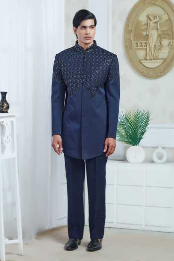 Sven Suits Jacquard Embroidered Sherwani Jacket & Pant Set 