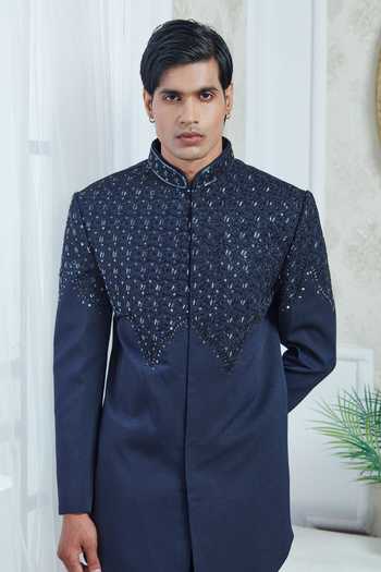 Buy_Sven Suits_Blue Polyester Jacquard Embroidered Sherwani Jacket And Pant Set _Online_at_Aza_Fashions